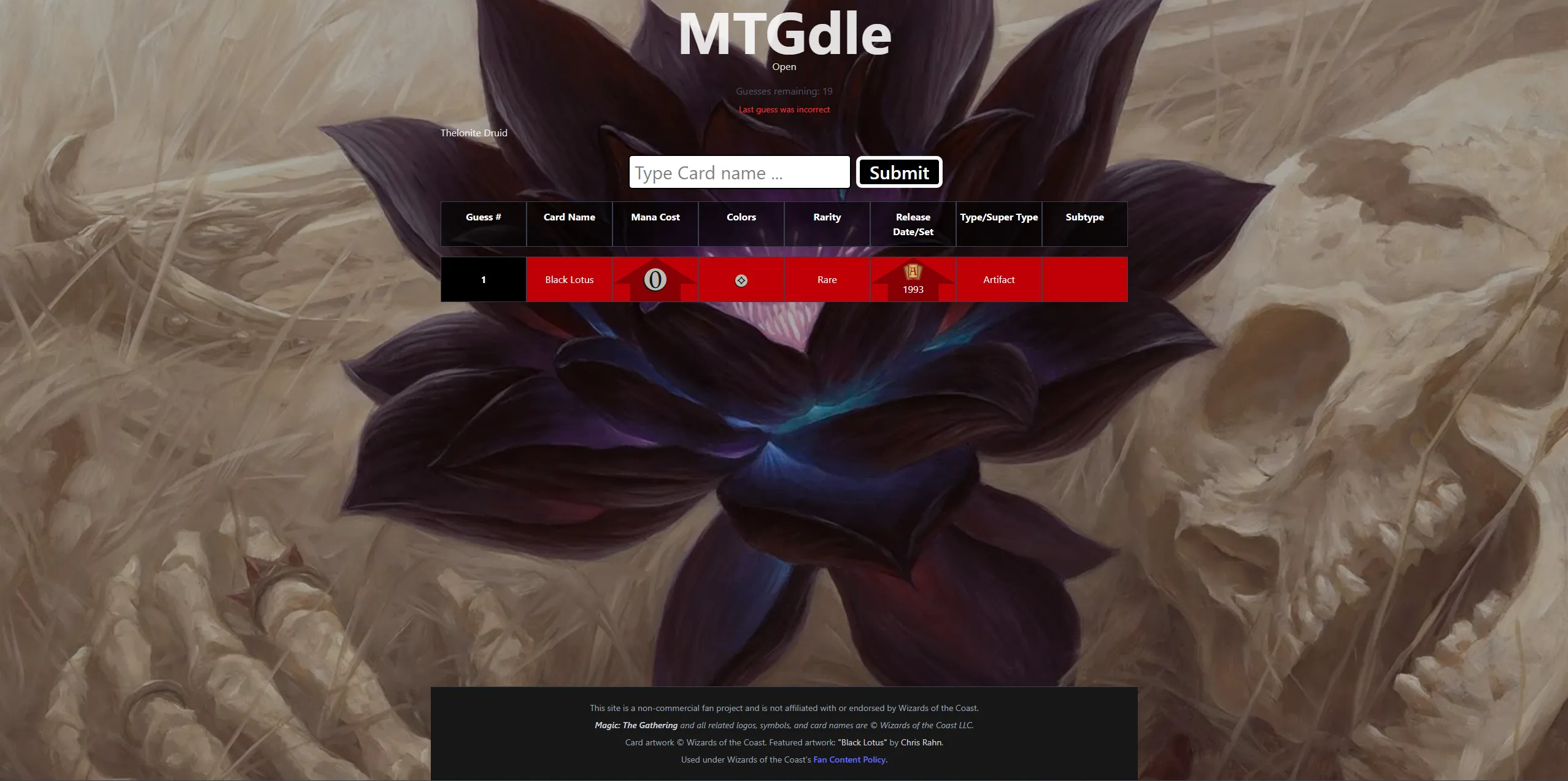 Cropped image of the MTGdle game interface